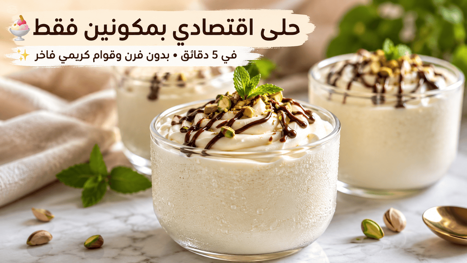 صورة بارزة لحلى اقتصادي بمكونين فقط في 5 دقائق بدون فرن مكتوب عليها اسم الوصفة وتظهر أكواب حلى كريمية فاخرة
