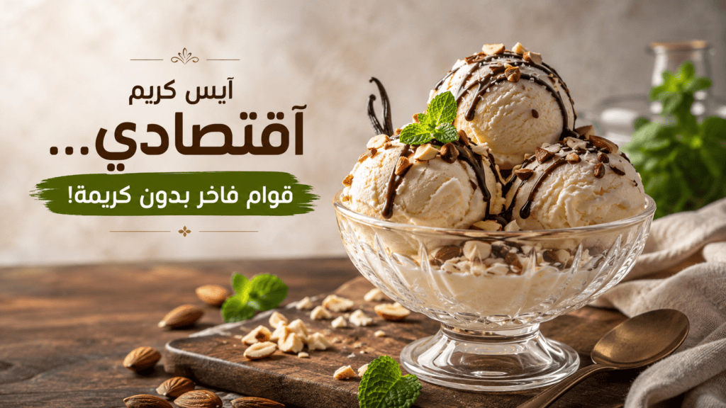 وعاء زجاجي فاخر يحوي كرات أيس كريم الفانيليا المطعمة بصوص الشوكولاتة والمكسرات مع نص أيس كريم اقتصادي قوام فاخر بدون كريمة