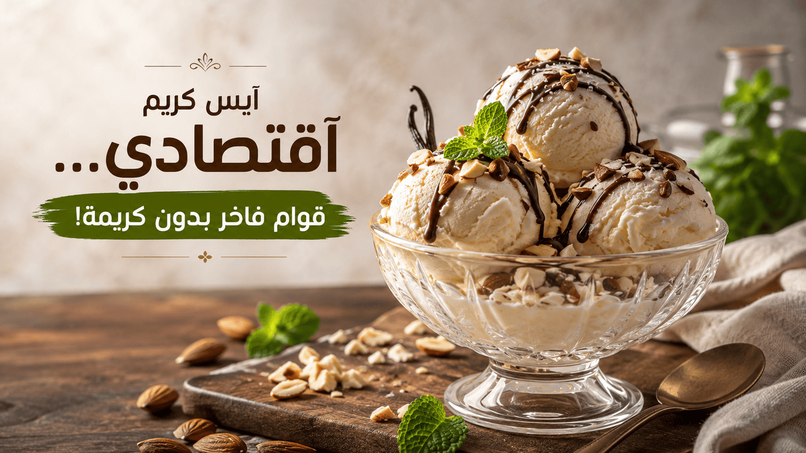 وعاء زجاجي فاخر يحوي كرات أيس كريم الفانيليا المطعمة بصوص الشوكولاتة والمكسرات مع نص أيس كريم اقتصادي قوام فاخر بدون كريمة