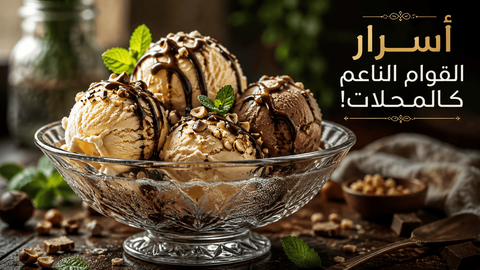 وعاء زجاجي فاخر يحوي كرات أيس كريم الفانيليا والشوكولاتة مزينة بصوص الشوكولاتة والمكسرات المكسرة مع نص أسرار القوام الناعم كالمحلات