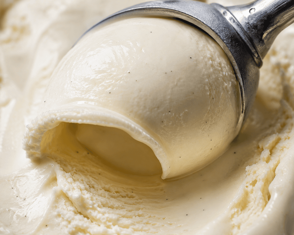 ملعقة أيس كريم معدنية تغرف كورة من أيس كريم الفانيليا الطبيعي مع حبوب الفانيليا الواضحة والقوام الكريمي
