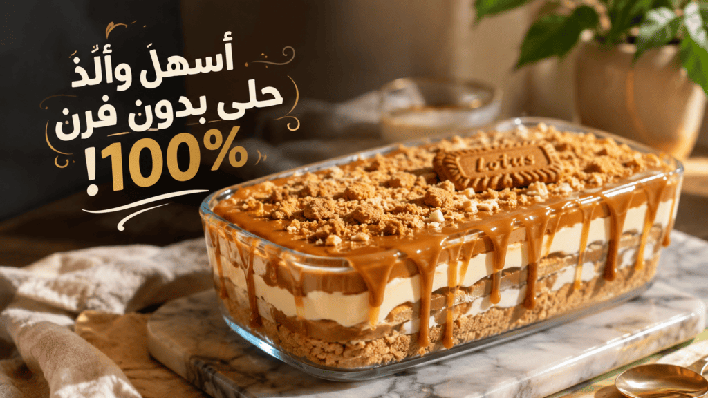صينية بايركس تحوي حلى اللوتس البارد بدون فرن بطبقات البسكويت والكريمة وزبدة اللوتس المنهمرة مع نص مكتوب أسهل وألذ حلى بدون فرن 100%