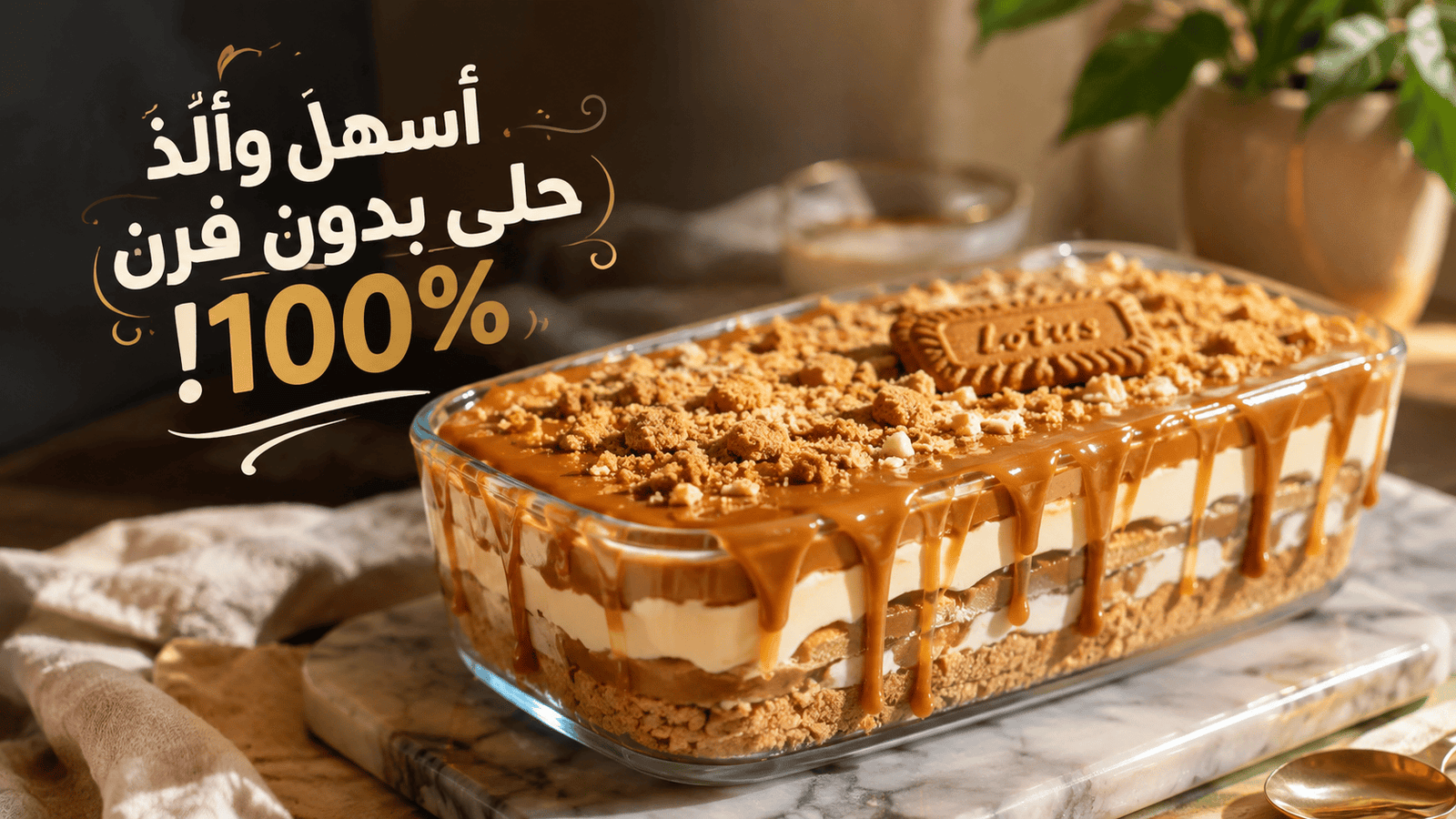 صينية بايركس تحوي حلى اللوتس البارد بدون فرن بطبقات البسكويت والكريمة وزبدة اللوتس المنهمرة مع نص مكتوب أسهل وألذ حلى بدون فرن 100%