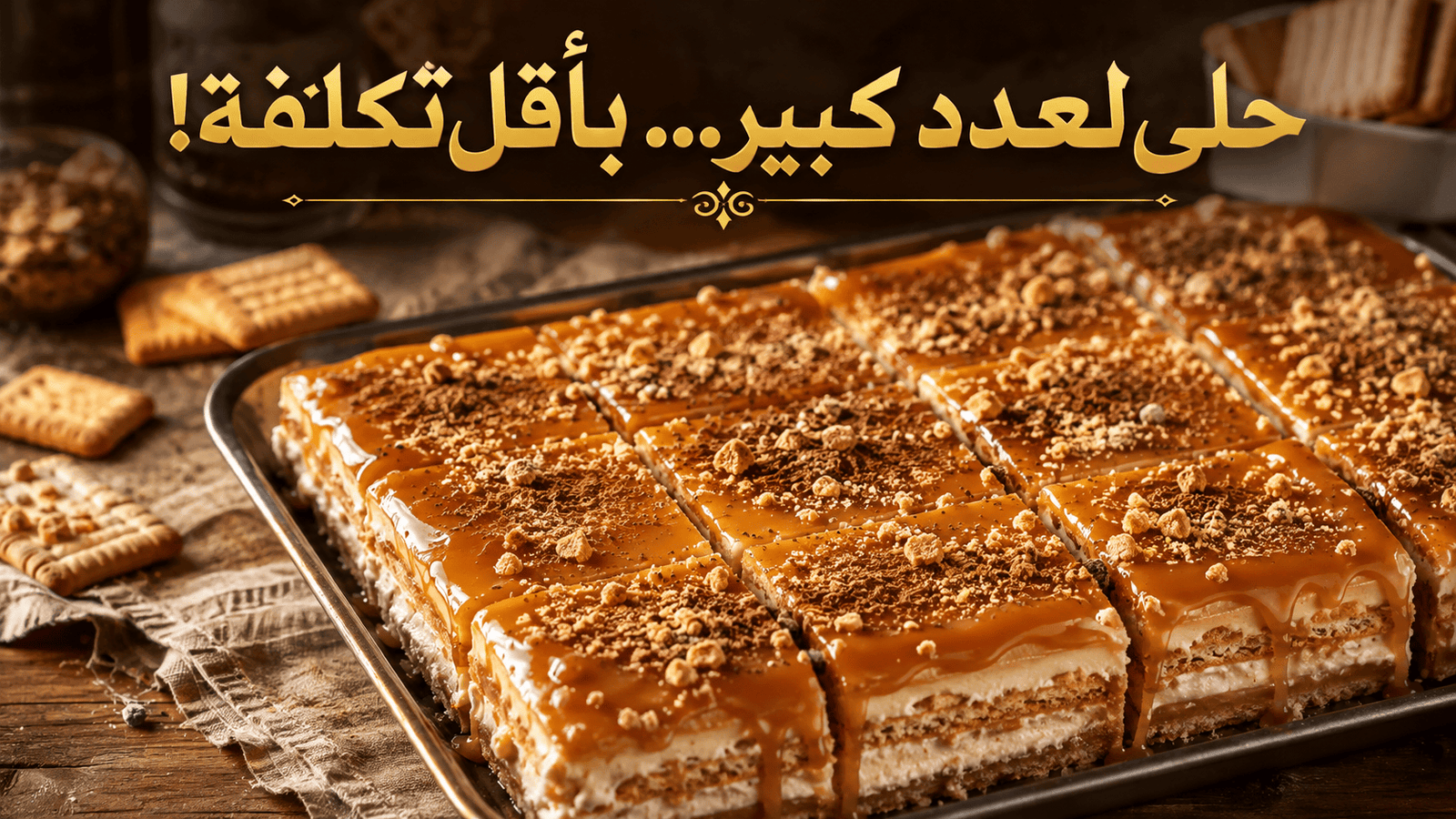 صينية عائلية كبيرة مقسمة لمربعات تحوي حلى سريع للضيوف بالبسكويت والكراميل مع نص مكتوب بالذهبي حلى لعدد كبير بأقل تكلفة
