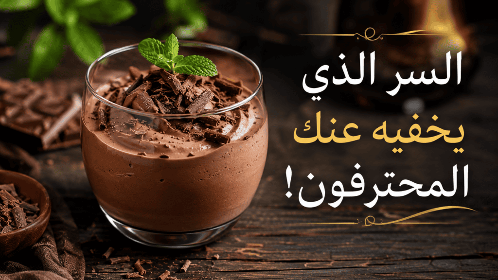 كأس زجاجي يحوي موس الشوكولاتة الفرنسي الفاخر مزين ببشر الشوكولاتة والنعناع مع نص مكتوب السر الذي يخفيه عنك المحترفون