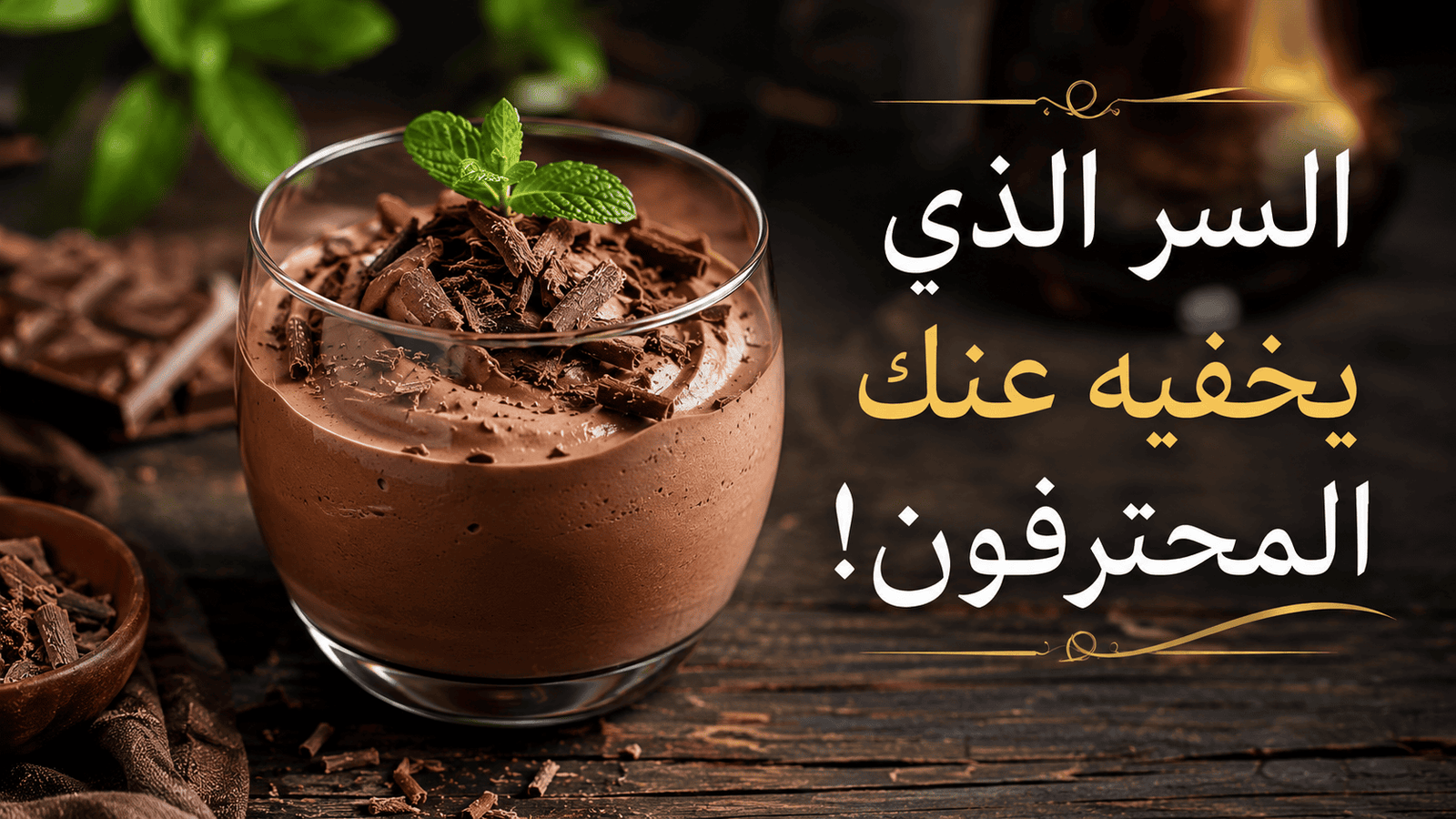 كأس زجاجي يحوي موس الشوكولاتة الفرنسي الفاخر مزين ببشر الشوكولاتة والنعناع مع نص مكتوب السر الذي يخفيه عنك المحترفون