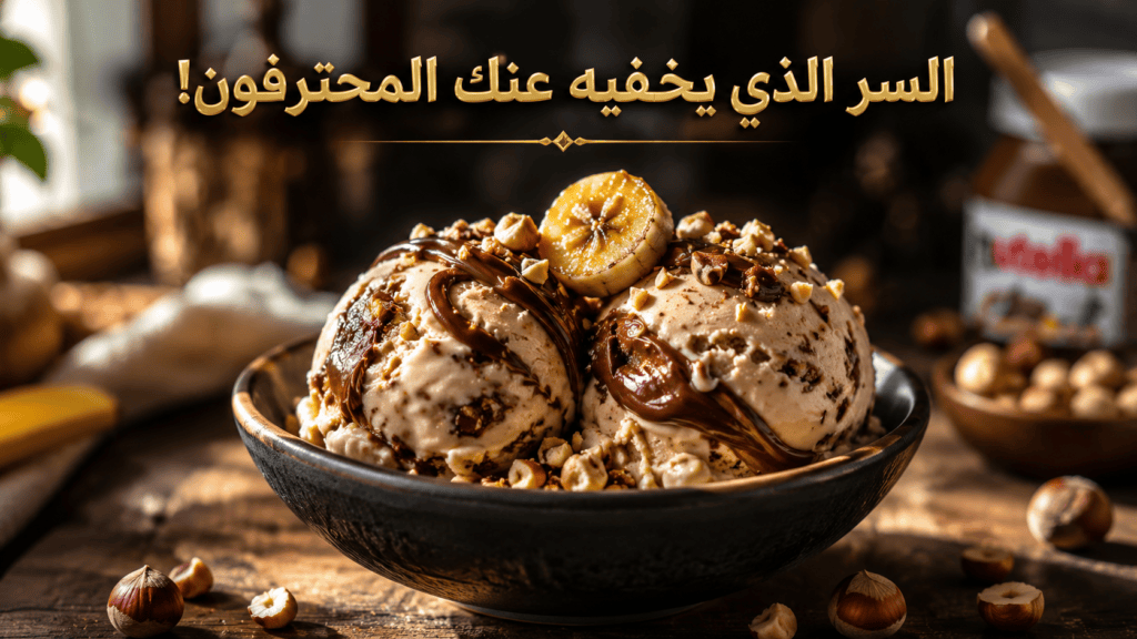 وعاء فيه كرات أيس كريم النوتيلا والموز مزين بشرائح الموز والبندق المفروم مع نص السر الذي يخفيه عنك المحترفون