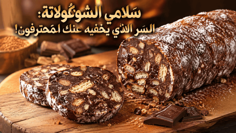 سلامي الشوكولاتة أو الليزي كيك البارد مقطع إلى شرائح دائرية ومزين بالسكر البودرة مع نص مكتوب سلامي الشوكولاتة السر الذي يخفيه عنك المحترفون