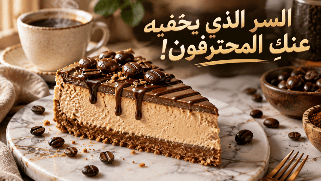 شريحة تشيز كيك القهوة والنعناع والنسكافيه مغطاة بطبقة شوكولاتة وحبوب قهوة مع فنجان قهوة في الخلفية ونص السر الذي يخفيه عنك المحترفون