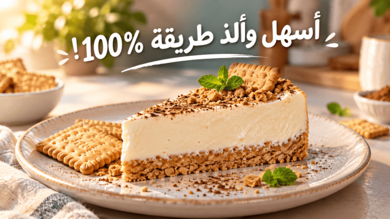 شريحة تشيز كيك البسكويت السريعة بدون فرن مزينة بفتات البسكويت ورشة كاكاو مع قطع بسكويت الشاي والنص أسهل وألذ طريقة 100%
