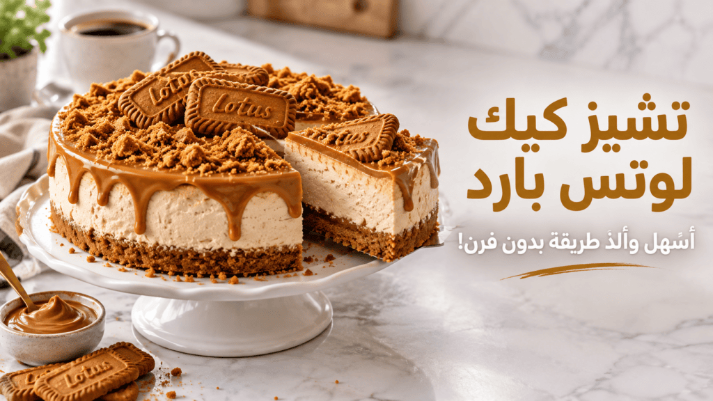 قالب تشيز كيك اللوتس البارد بدون فرن مزين بقطرات زبدة اللوتس وبسكويت اللوتس المطحون مع نص تشيز كيك لوتس بارد أسهل وألذ طريقة بدون فرن
