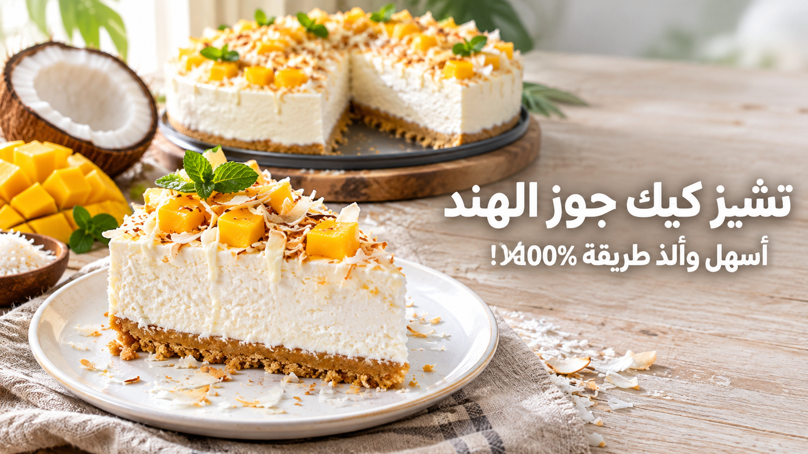 مكونات تشيز كيك جوز الهند البارد بدون فرن مرتبة على سطح رخامي