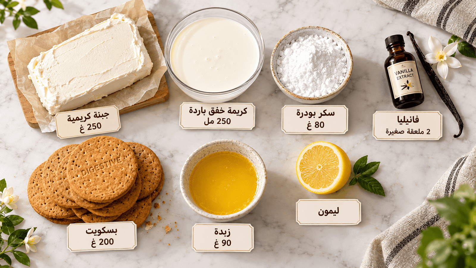مكونات تشيز كيك الفانيليا البارد الكلاسيكي في 5 دقائق من جبنة كريمية وكريمة خفق وبسكويت وزبدة وفانيليا