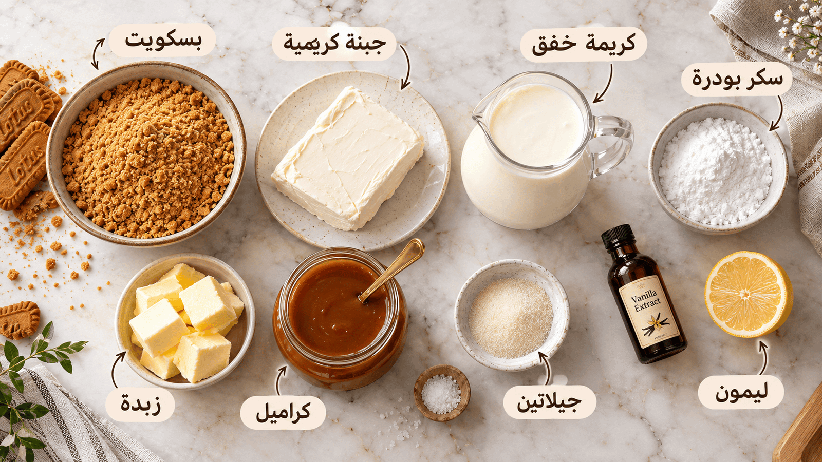 مكونات تشيز كيك الكراميل البارد بصوص منزلي من بسكويت وجبنة كريمية وكريمة وكراميل