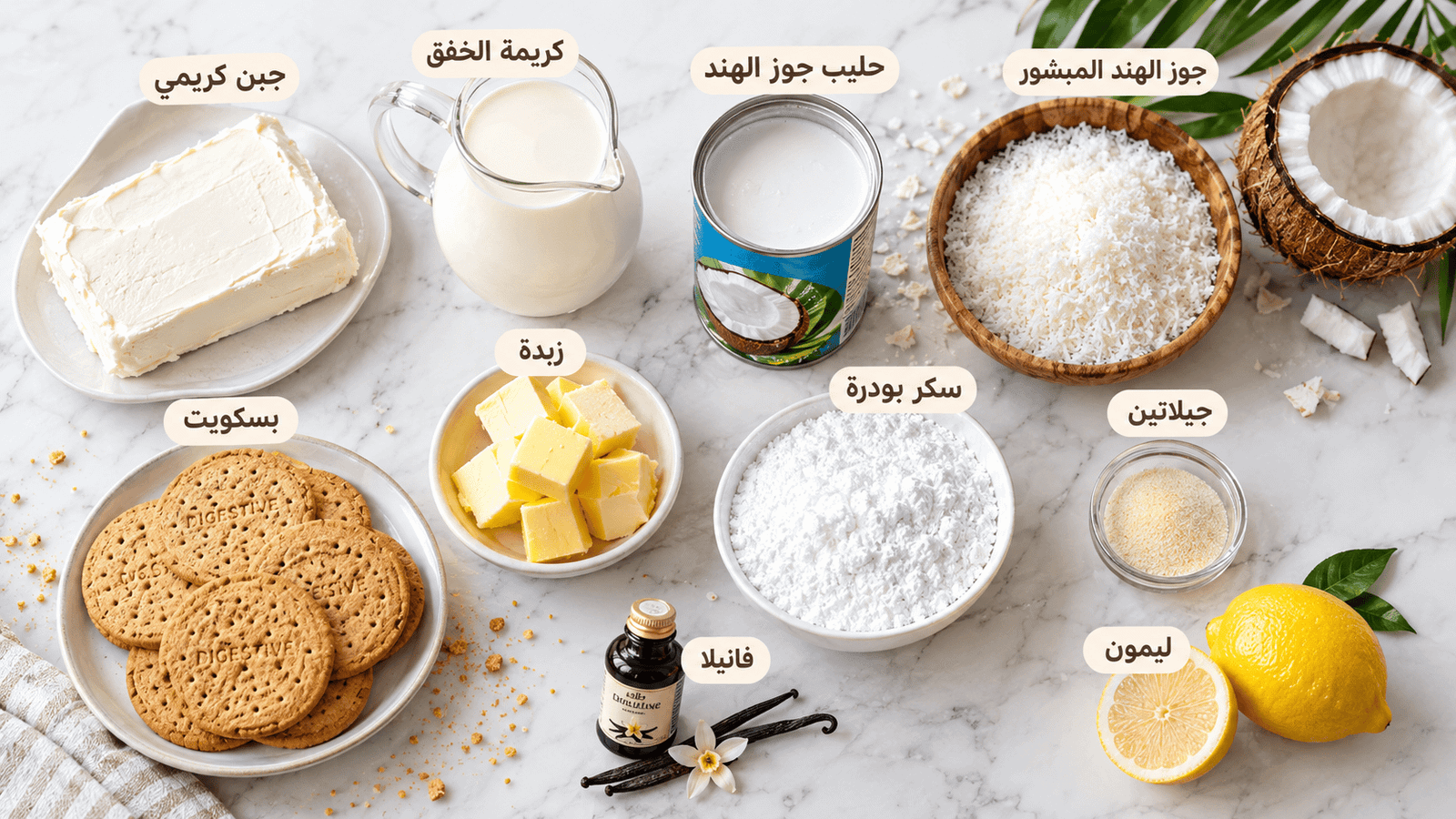 مكونات تشيز كيك جوز الهند البارد بدون فرن مرتبة على سطح رخامي